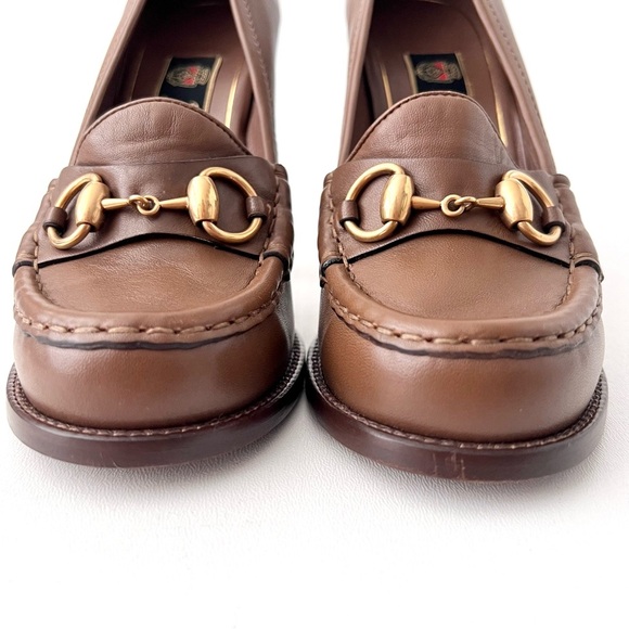 GUCCI | Vintage Alyssa Brown Leather Horsebit Pumps Block Heel Loafers 37.5 - Picture 5 of 16